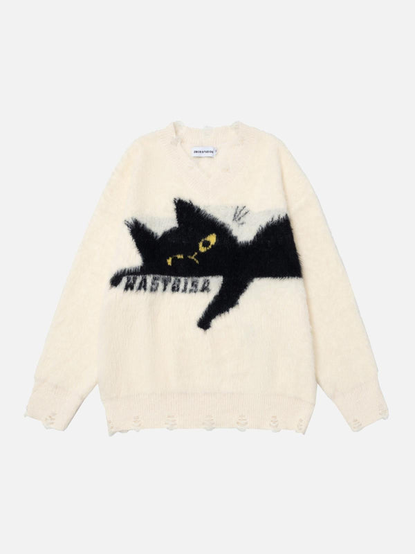 Beige sweater with retro cat design by TALISHKO, showcasing a playful street style.