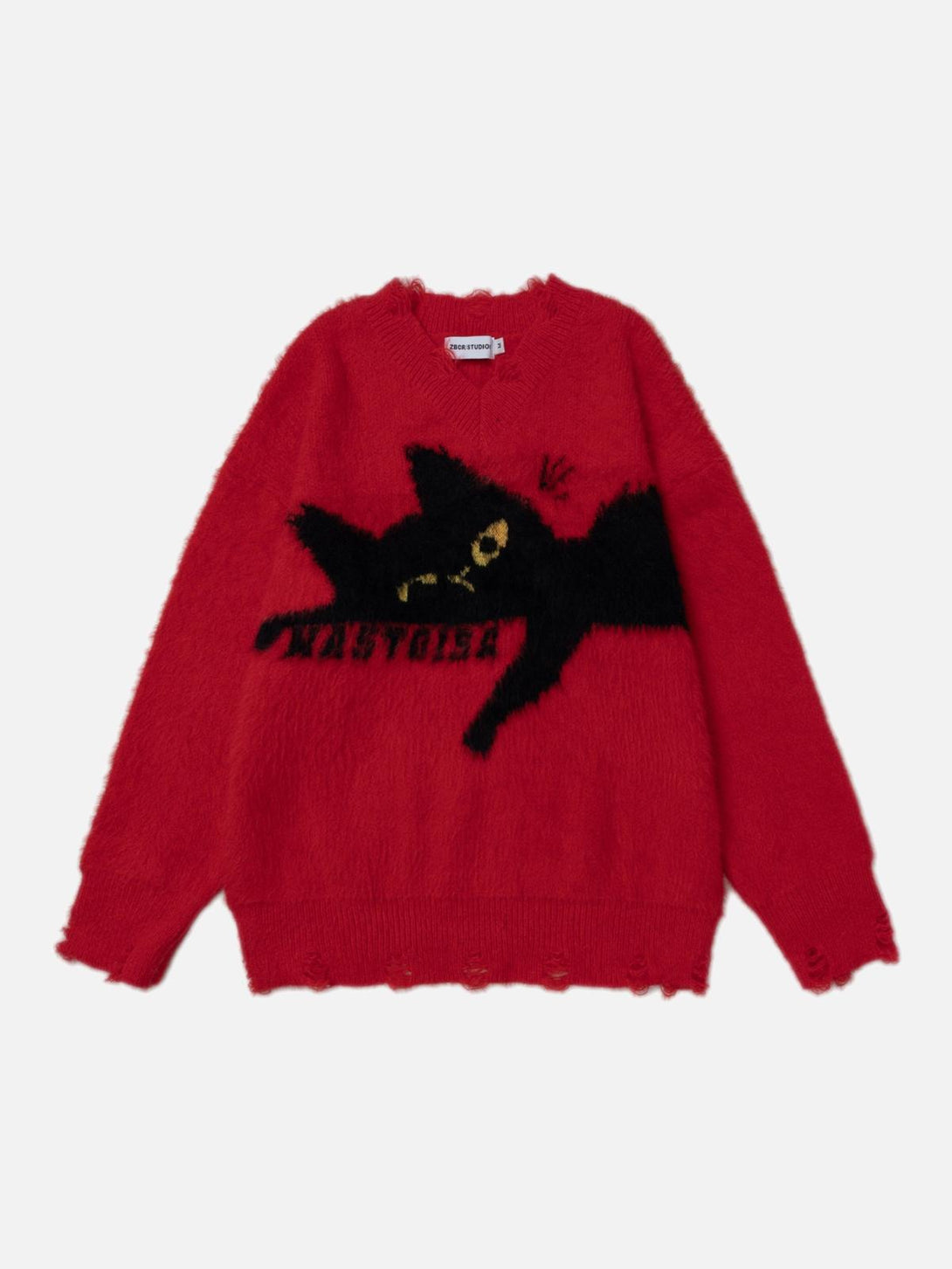 Red sweater featuring a playful cat design by TALISHKO, front view highlighting casual style.