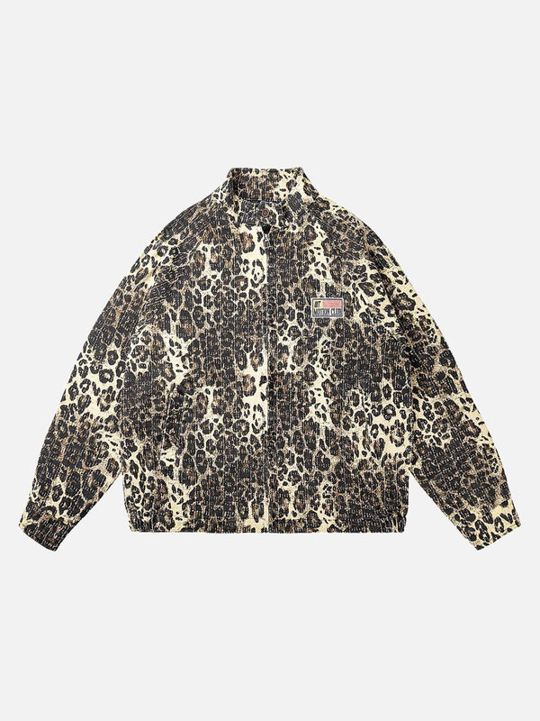 Front view of a retro leopard print denim jacket by TALISHKO in brown, perfect for bold styles.