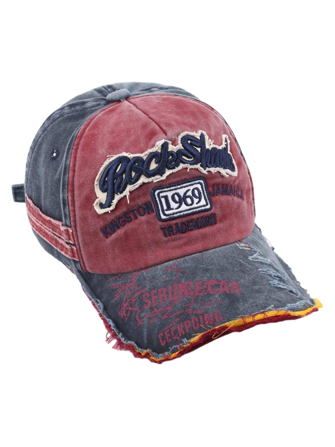 Front view of a dark red retro denim cap by TALISHKO, showcasing bold embroidered details.