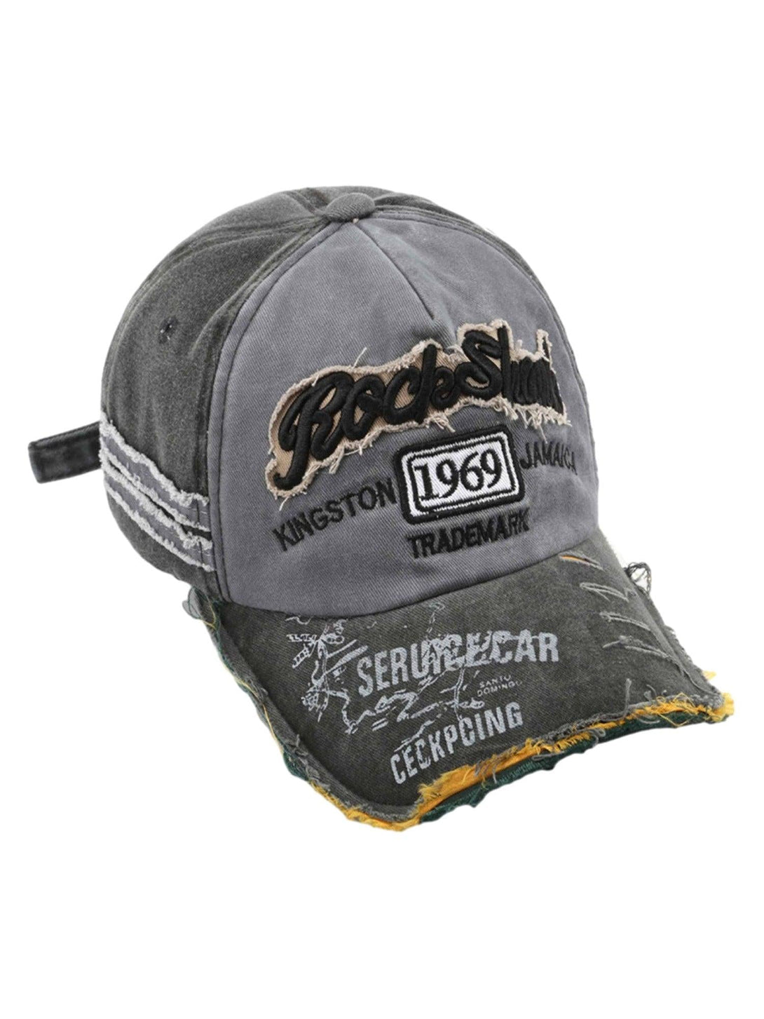 Front view of a gray retro denim cap by TALISHKO, featuring vintage embroidery details.