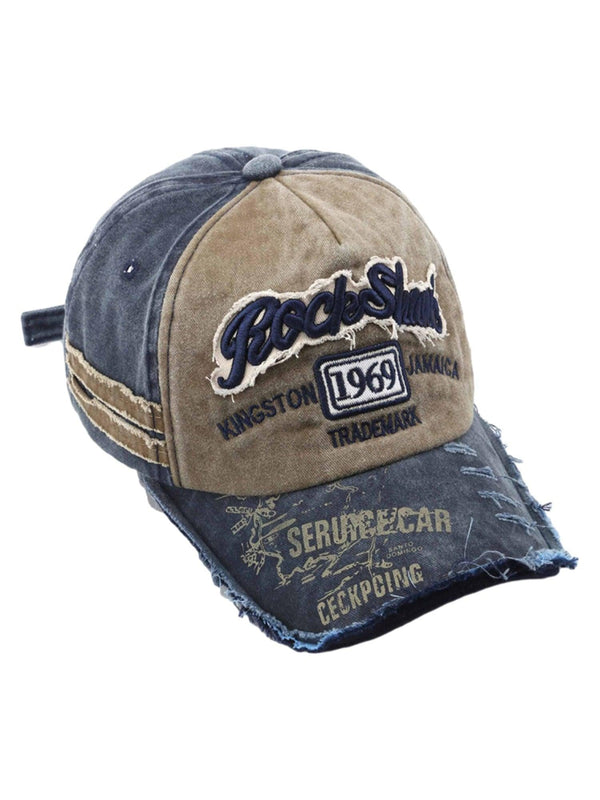 Front view of a khaki retro denim cap by TALISHKO, featuring bold embroidered lettering.