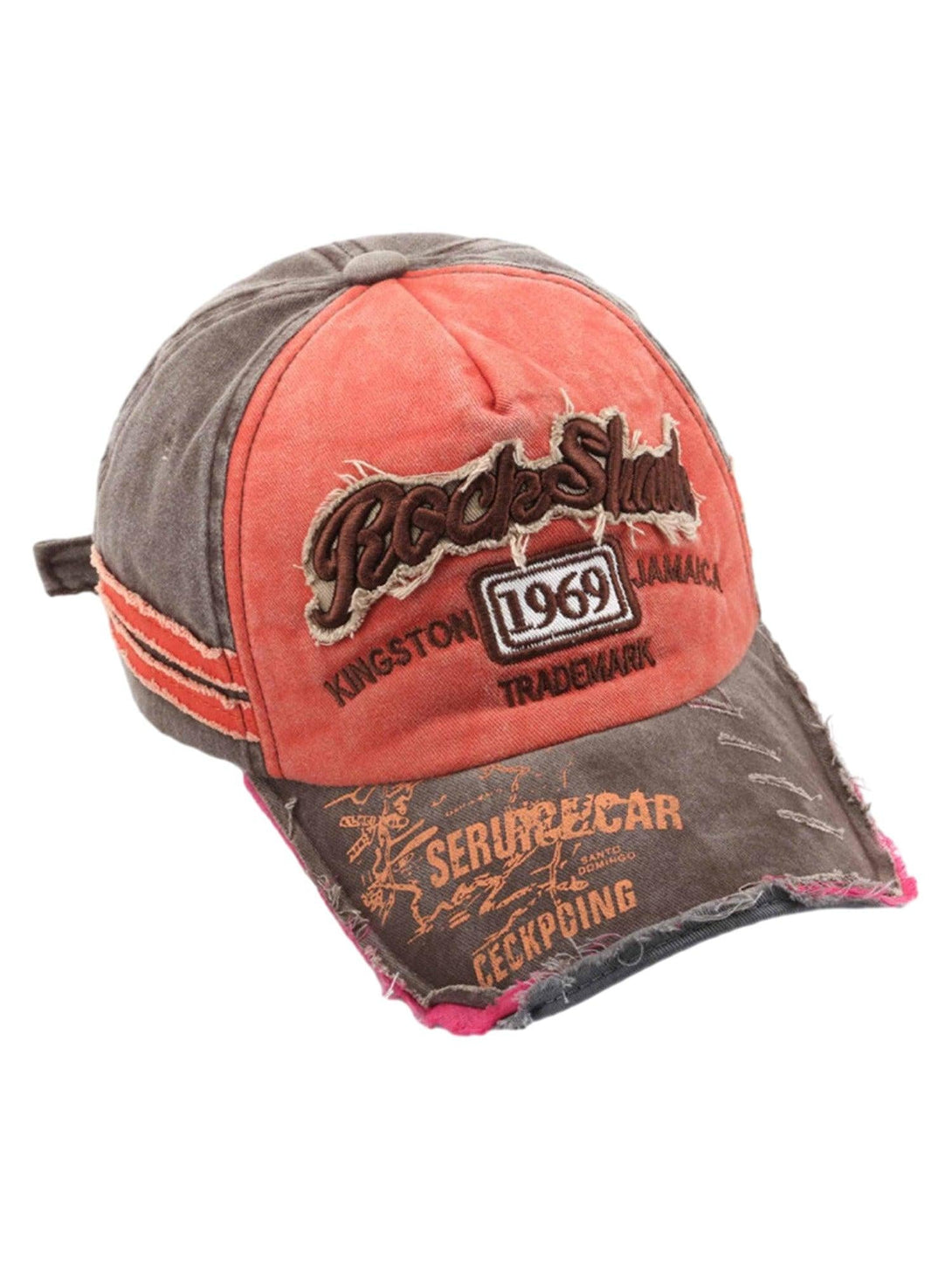 Front view of an orange retro denim cap by TALISHKO, highlighting vintage embroidered design.