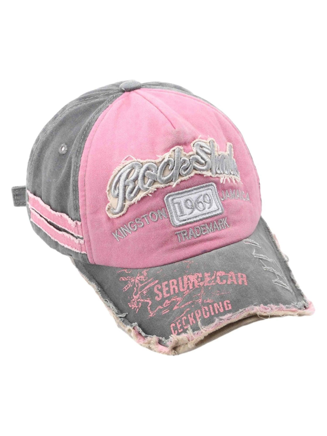 Front view of a pink retro denim cap by TALISHKO, featuring vintage-inspired embroidery.