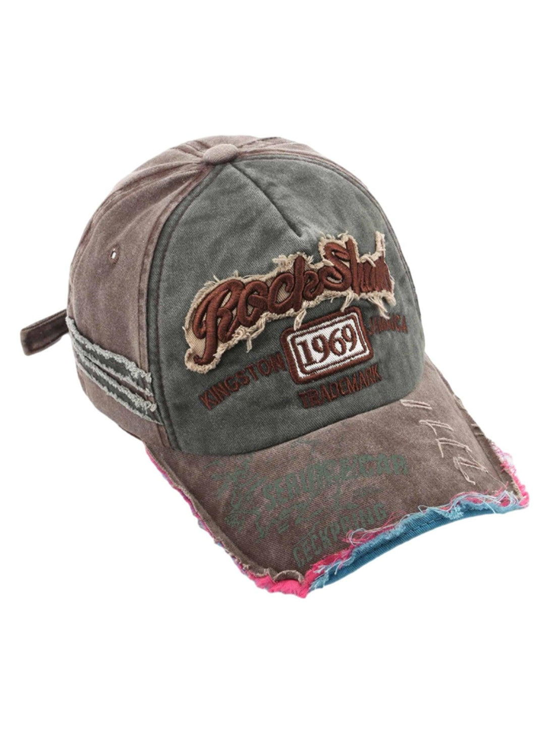 Front view of a rosy brown retro denim cap by TALISHKO, featuring unique embroidered details.