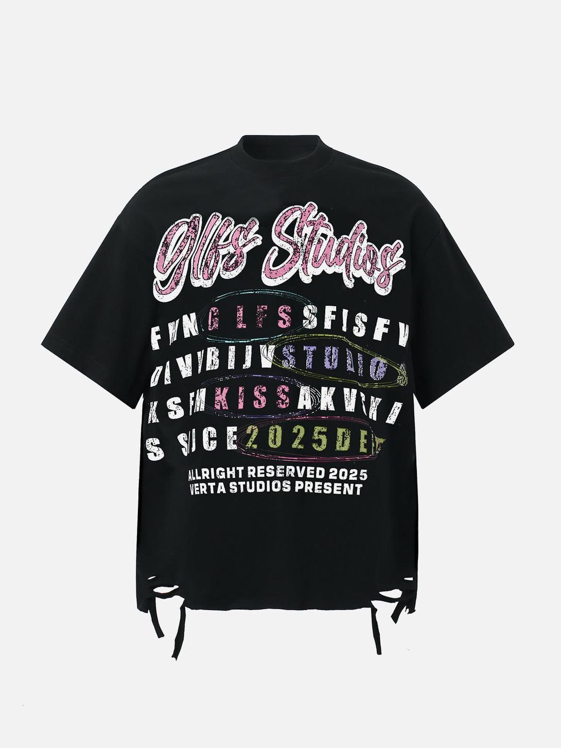 Front view of black TALISHKO retro letter graphic T-shirt with bold, colorful text accents.