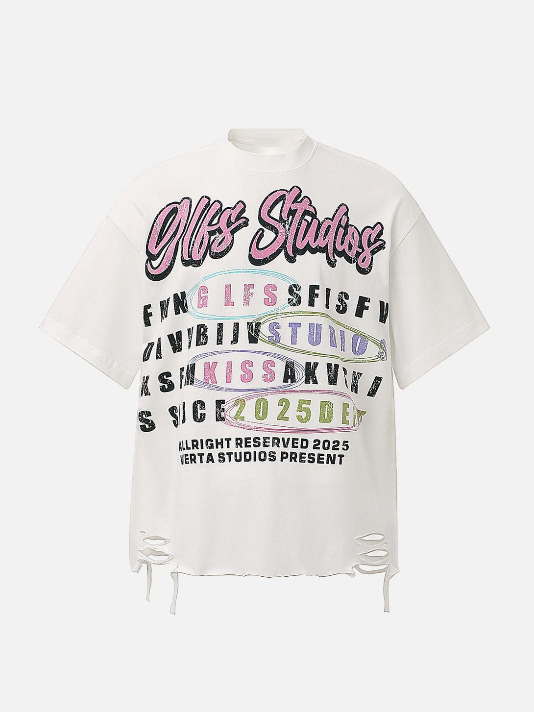 Front view of white TALISHKO retro letter graphic T-shirt with distressed hem detailing.