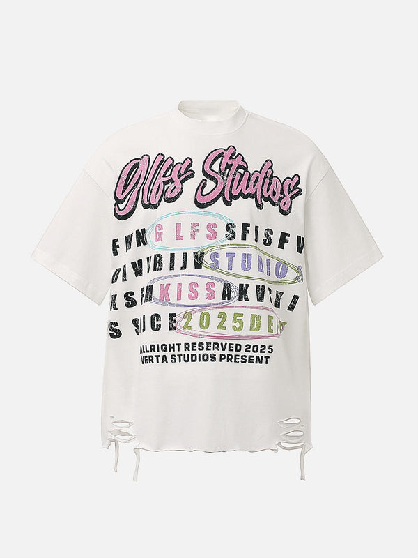 Front view of white TALISHKO retro letter graphic T-shirt with distressed hem detailing.