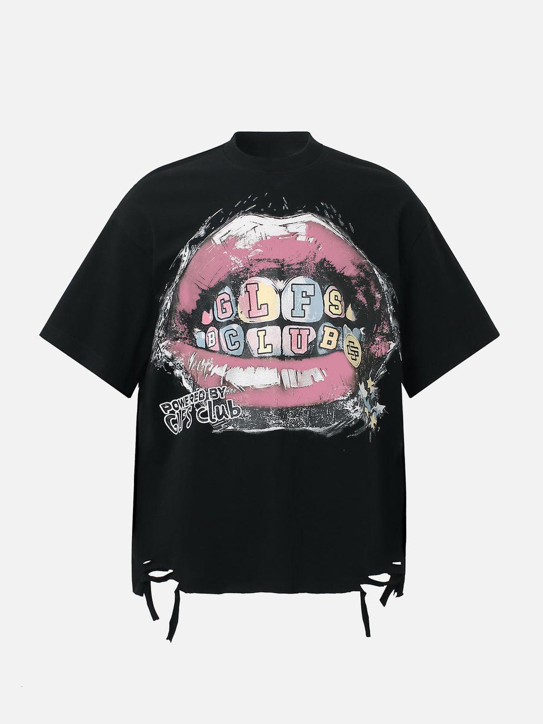 Front view of a black graphic T-shirt with a retro lip print, designed by TALISHKO.