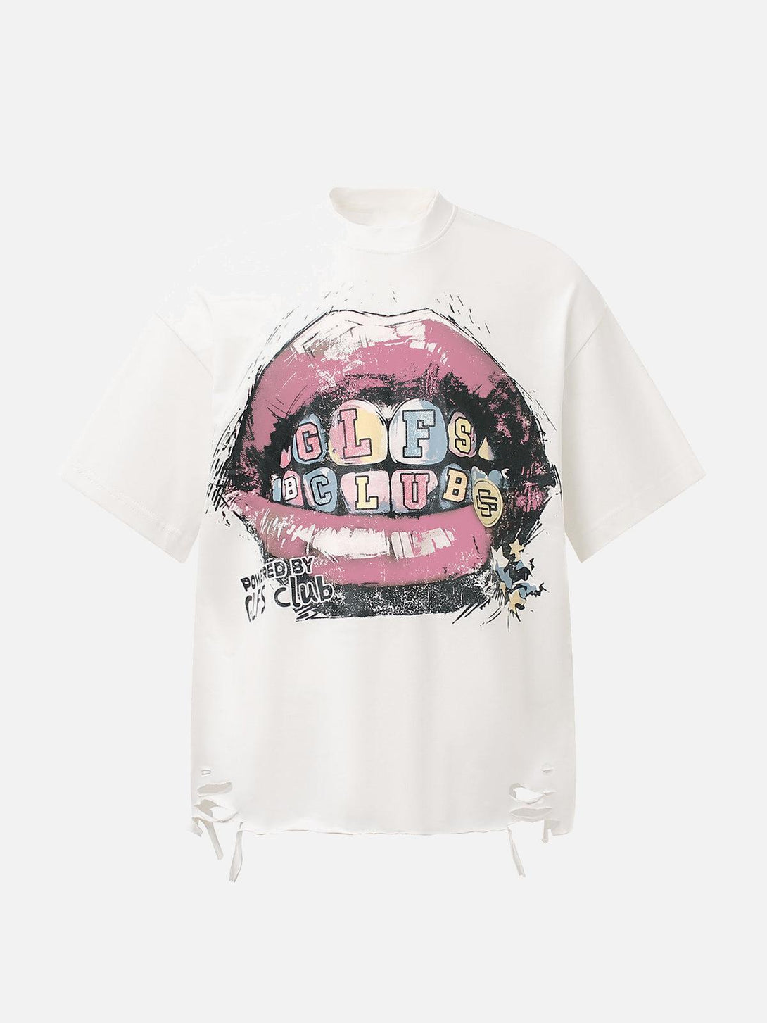 Front view of a white graphic T-shirt featuring a retro lip design, by TALISHKO.