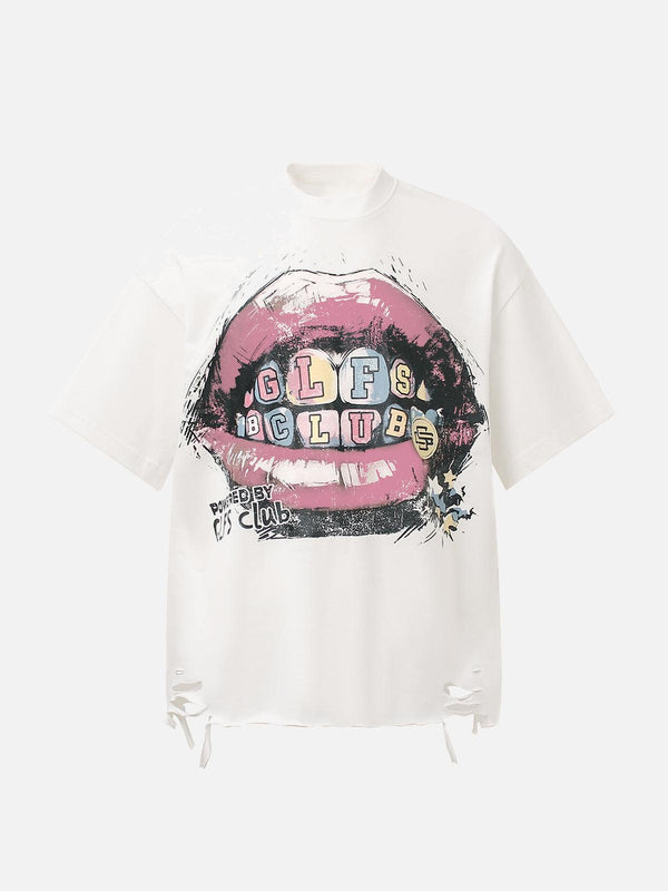 Front view of a white graphic T-shirt featuring a retro lip design, by TALISHKO.