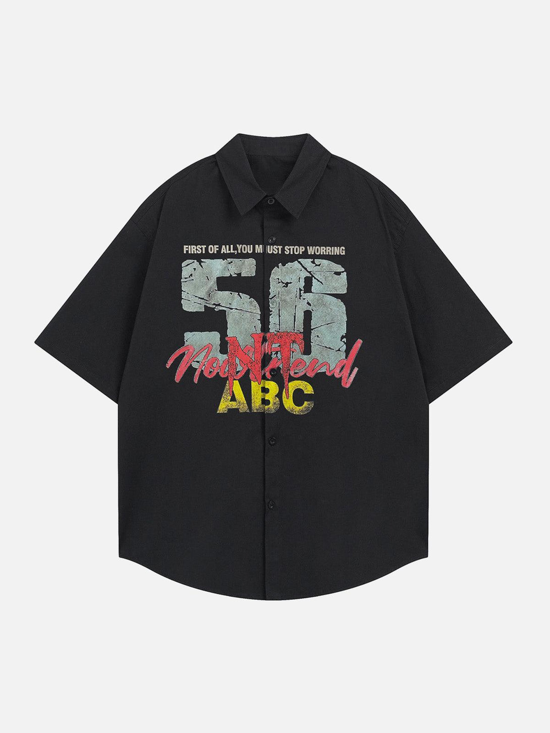 Front view of a black short sleeve shirt by TALISHKO featuring a bold retro text print design.