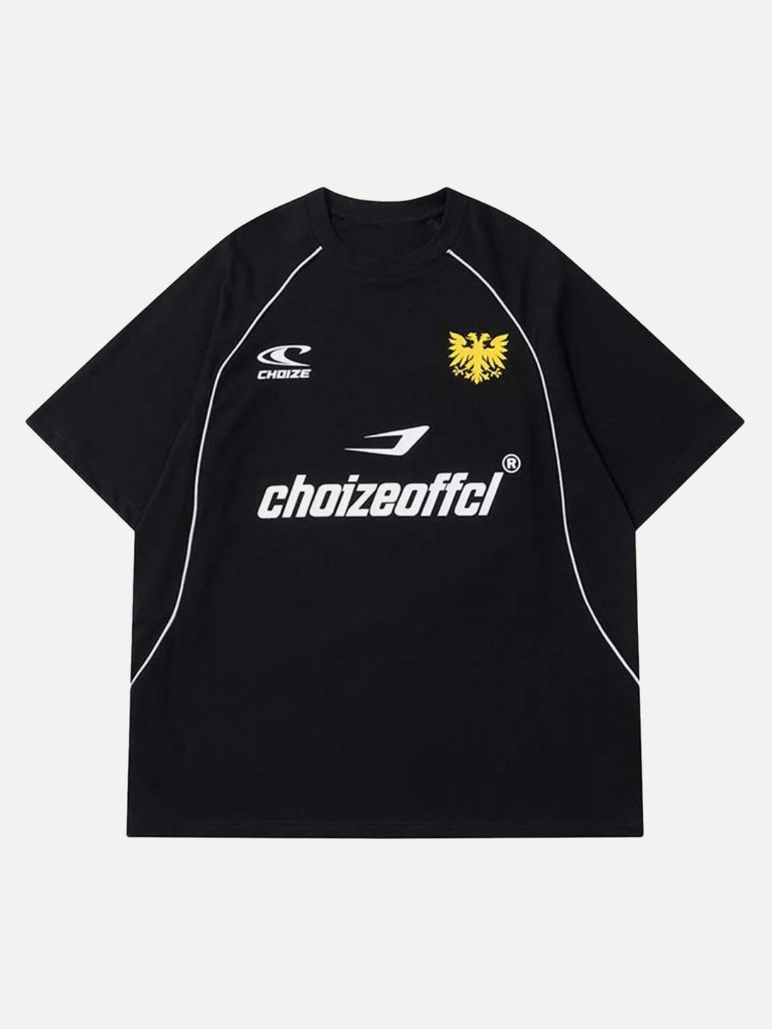 Front view of a black retro letter print T-shirt by TALISHKO, featuring bold logos and piping.