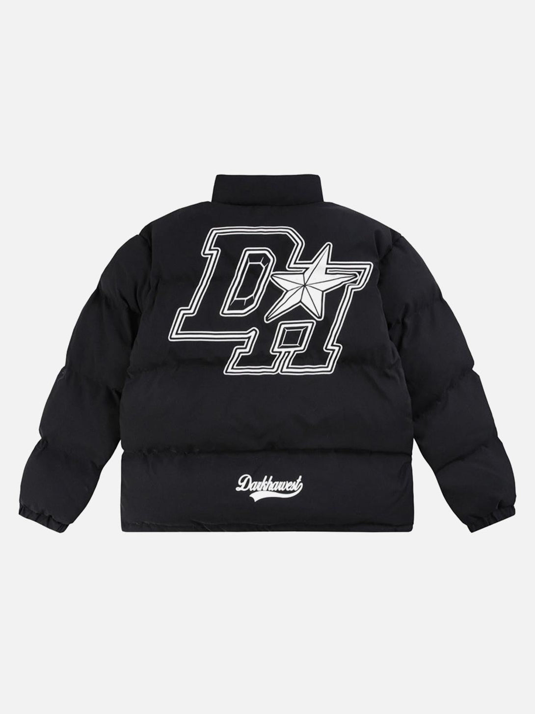 Back view of black down jacket with retro letter print design and star detail by TALISHKO.