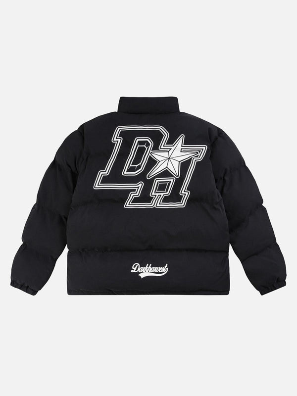 Back view of black down jacket with retro letter print design and star detail by TALISHKO.