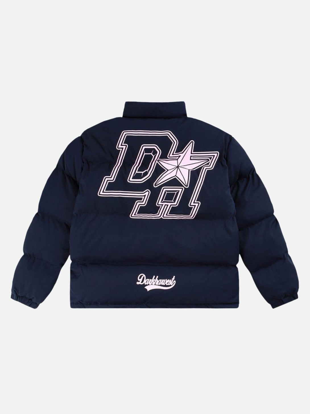 Back view of blue down jacket with retro letter print and star detail by TALISHKO.