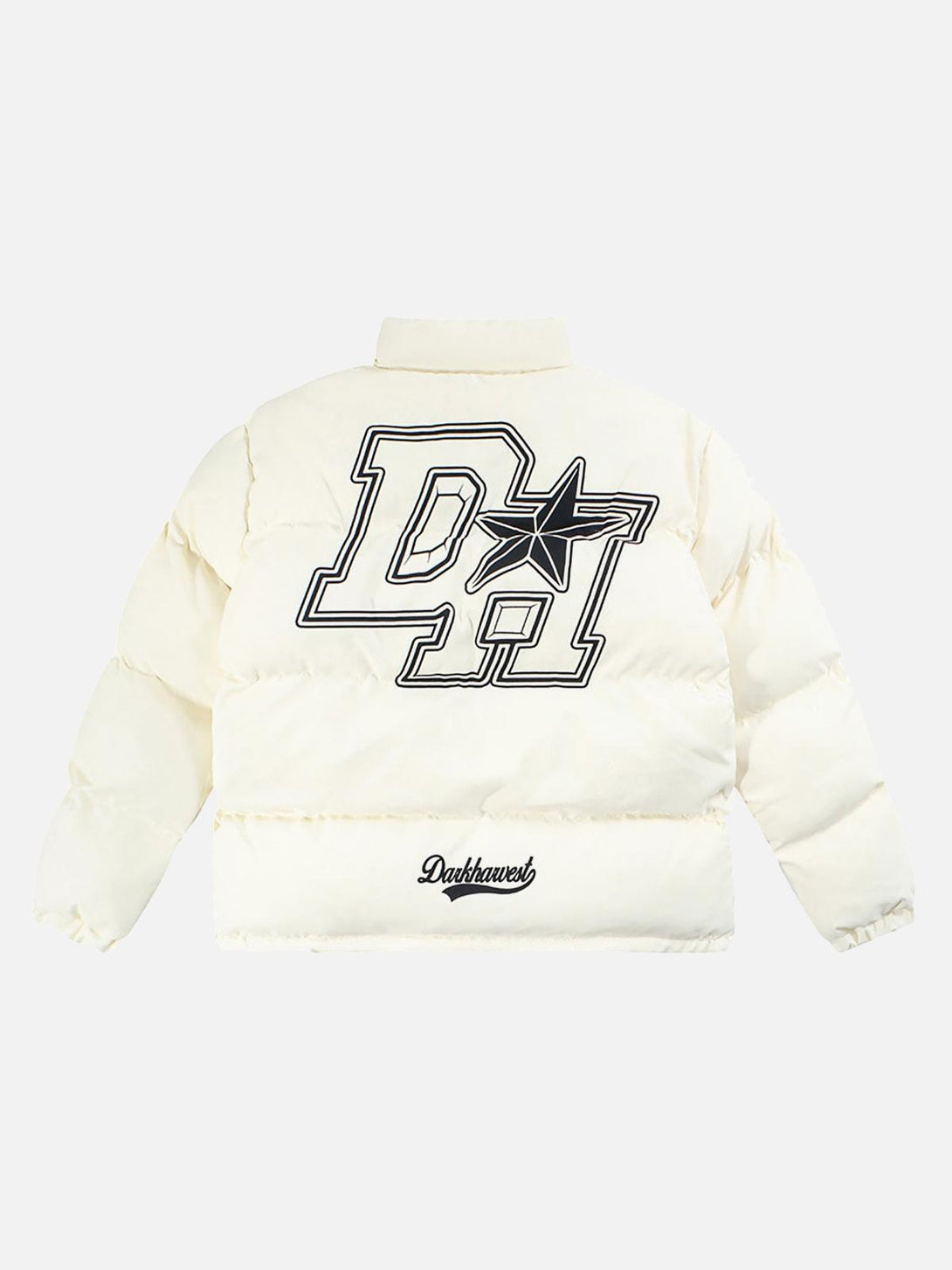 Back view of white down jacket with retro letter print and star detail by TALISHKO.