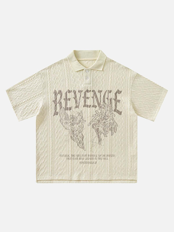 Front view of an apricot polo shirt featuring retro letter print details by TALISHKO.