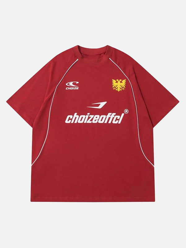 Front view of a red retro letter print T-shirt by TALISHKO, perfect for a casual look.