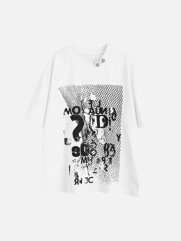White retro letter print T-shirt with rivet detail by TALISHKO, front view design.