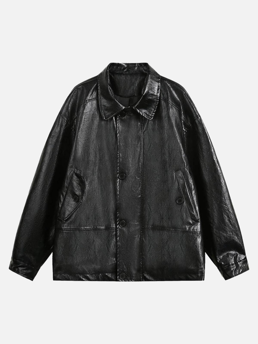 Front view of a black retro motorcycle PU leather jacket by TALISHKO, perfect for edgy style.