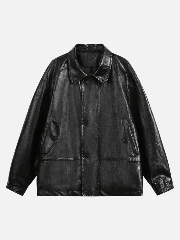 Front view of a black retro motorcycle PU leather jacket by TALISHKO, perfect for edgy style.