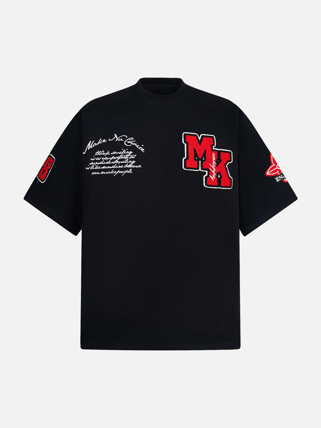 Front view of a black TALISHKO T-shirt with retro motorcycle patches and embroidery.
