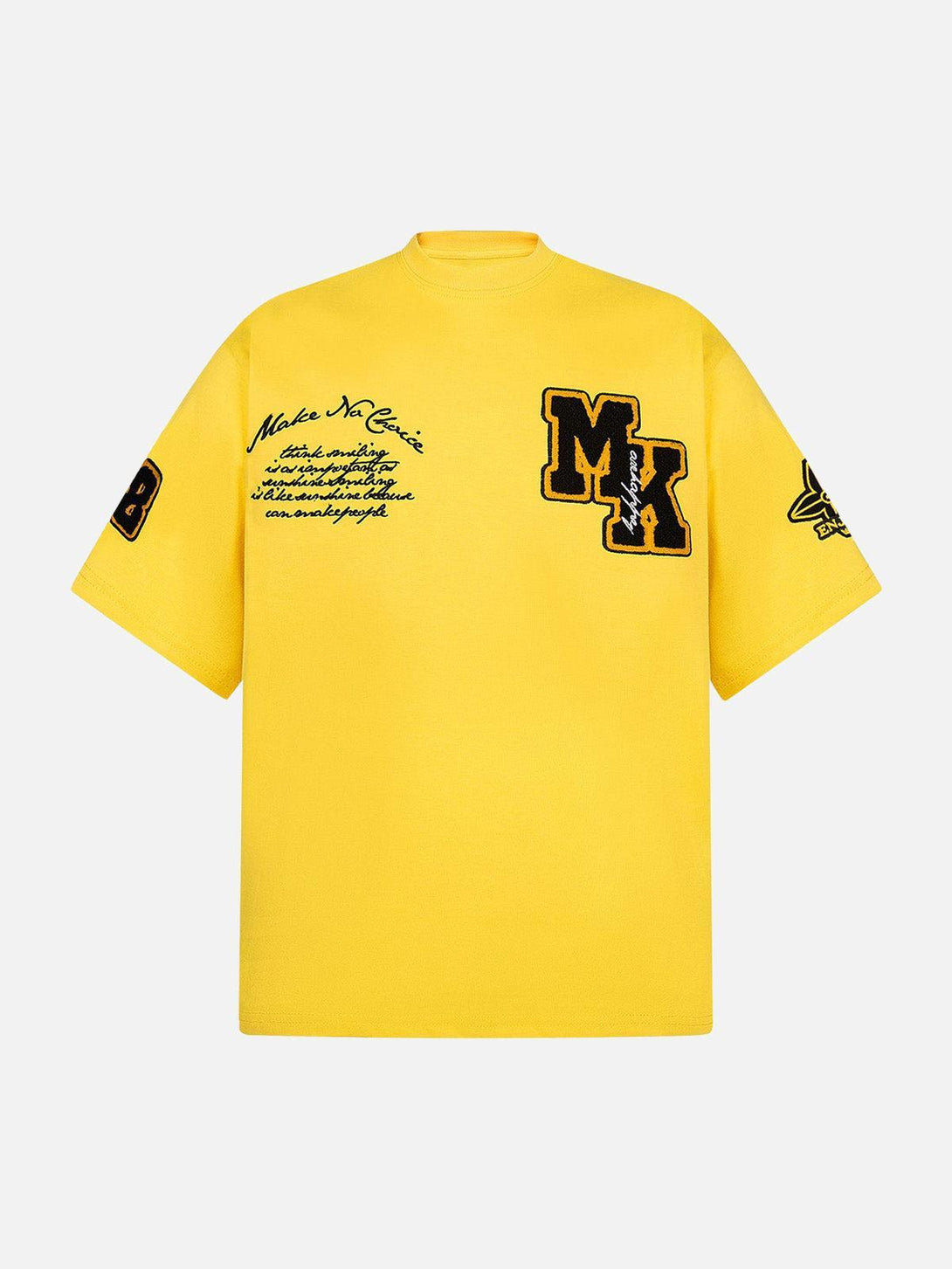 Front view of a yellow TALISHKO T-shirt with retro motorcycle patches and embroidery.