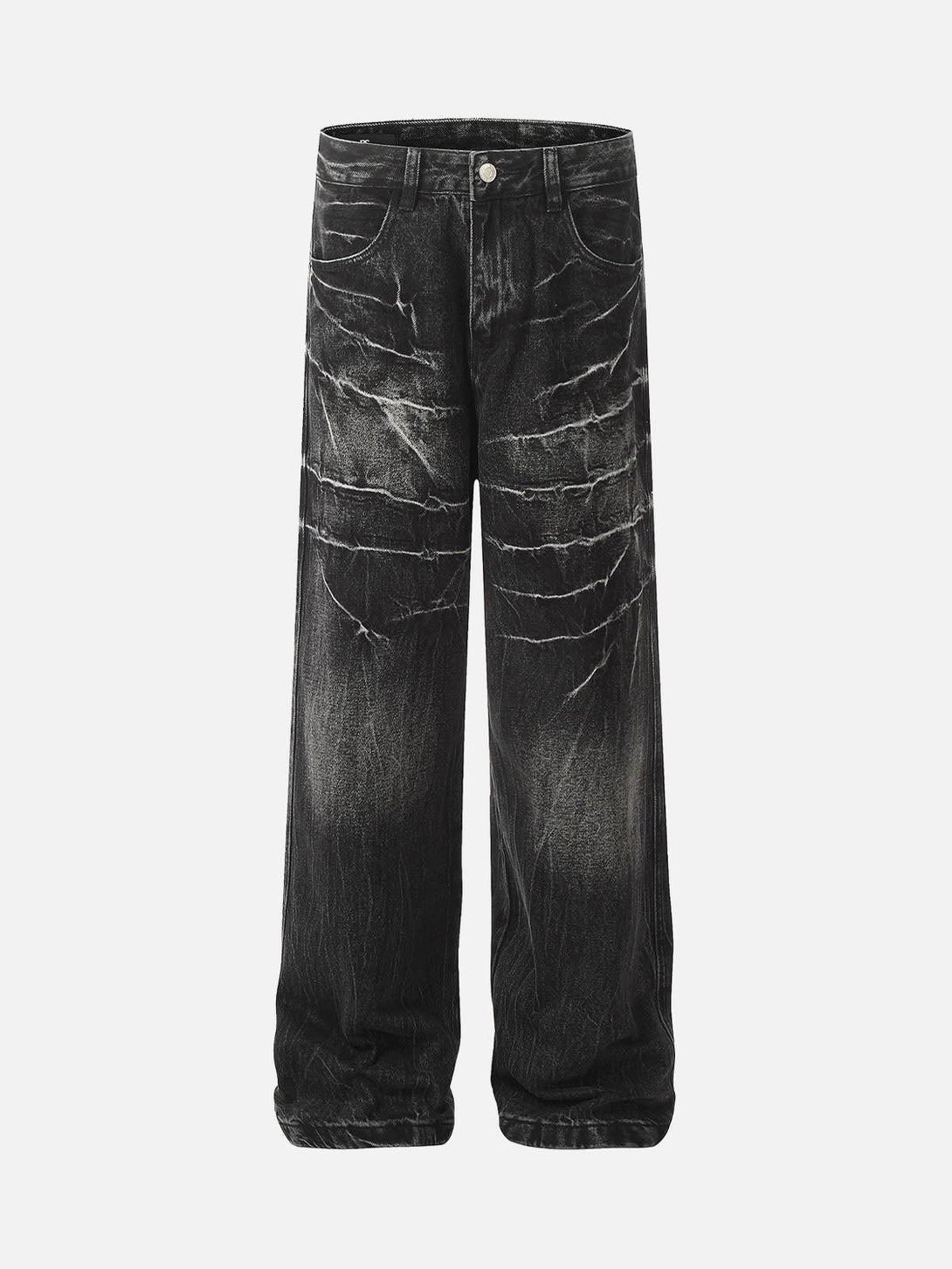 Front view of black retro washed straight jeans by TALISHKO, highlighting a casual vibe.