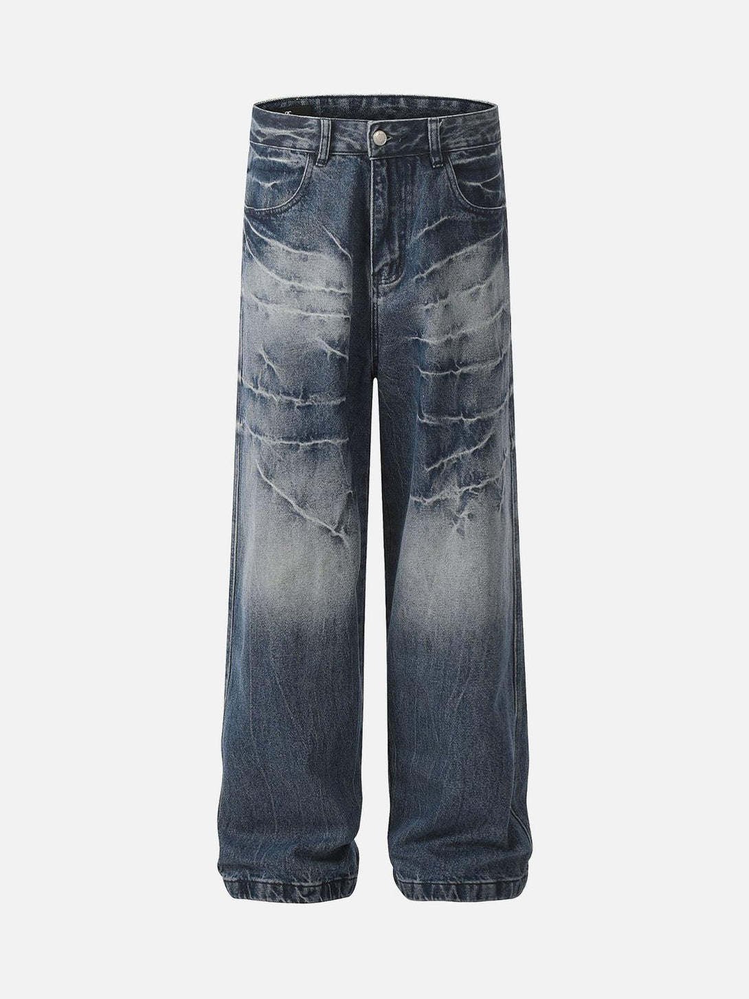 Front view of blue retro washed straight jeans by TALISHKO, showcasing a casual street style.