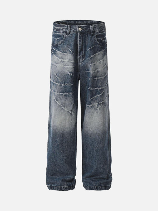 Front view of blue retro washed straight jeans by TALISHKO, showcasing a casual street style.