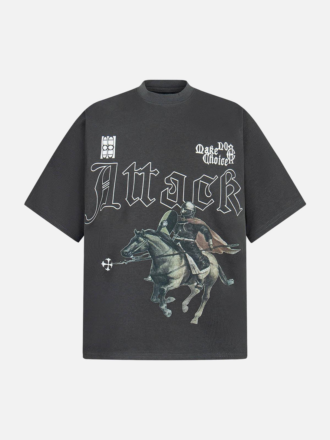 Front view of a gray retro oil painting print T-shirt by TALISHKO, featuring a knight design.