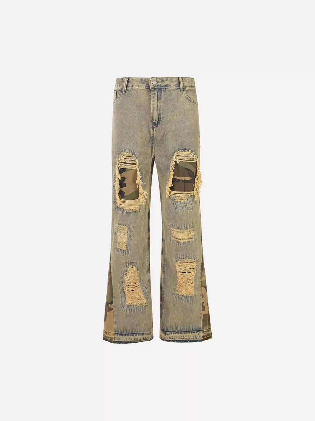 Front view of TALISHKO's retro yellow patchwork flared jeans with distressed camouflage details.