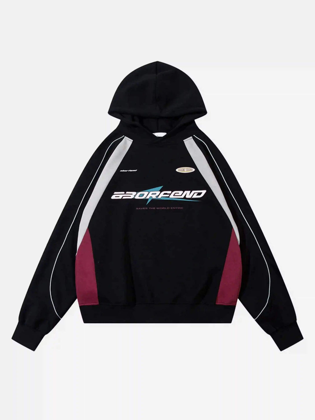 Front view of a black hip-hop hoodie by TALISHKO, featuring retro patchwork details.