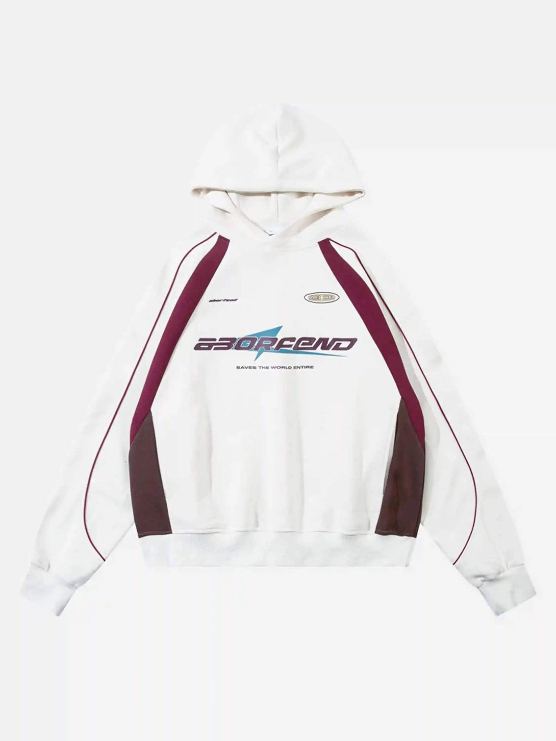 Front view of a white hip-hop hoodie by TALISHKO, featuring retro patchwork accents.