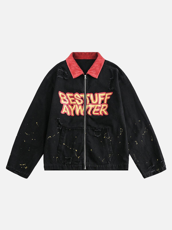 Front view of black retro patchwork letter denim jacket by TALISHKO with red collar accents.