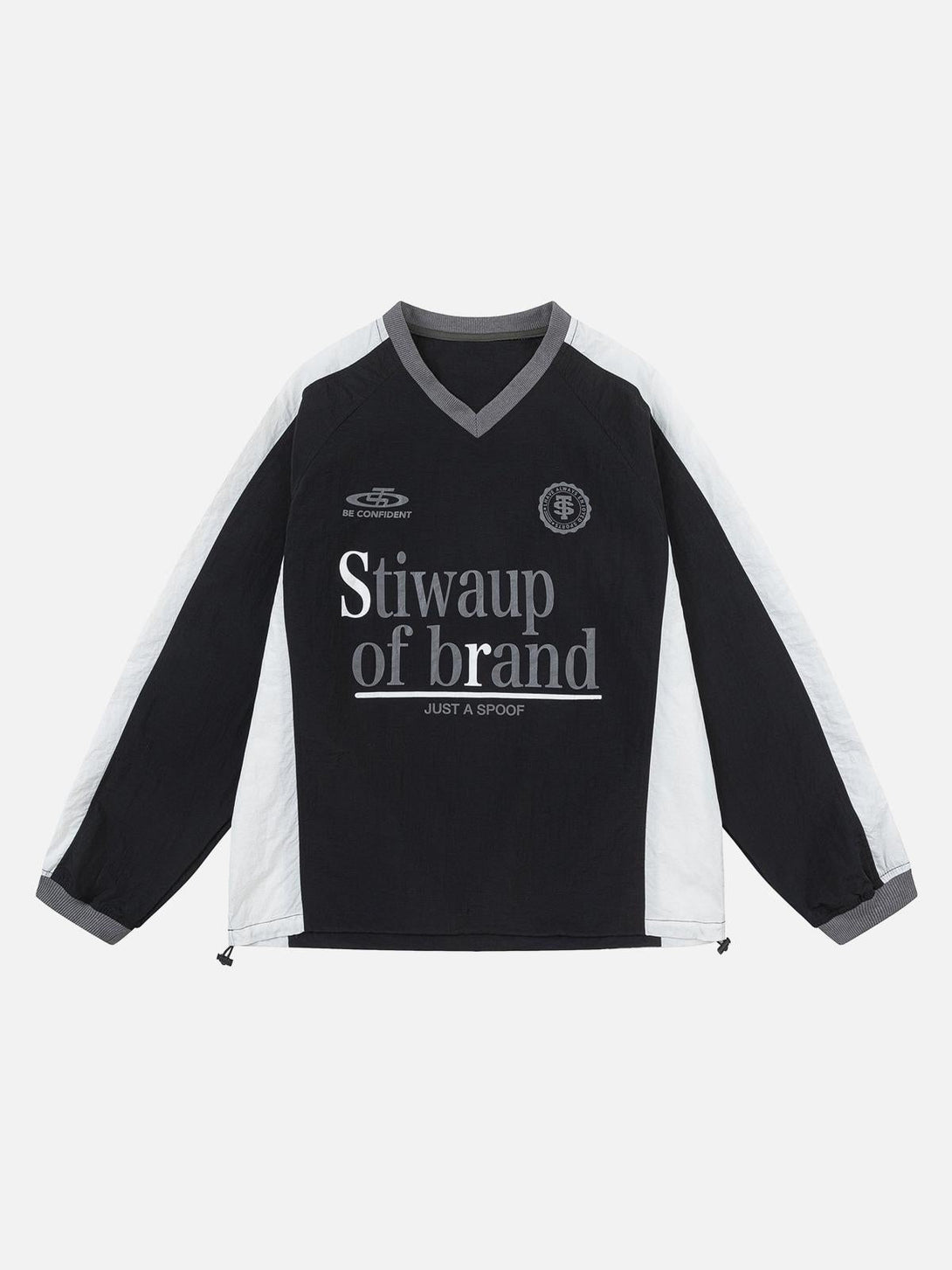 Front view of a black retro patchwork long-sleeved T-shirt by TALISHKO, ideal for urban style.