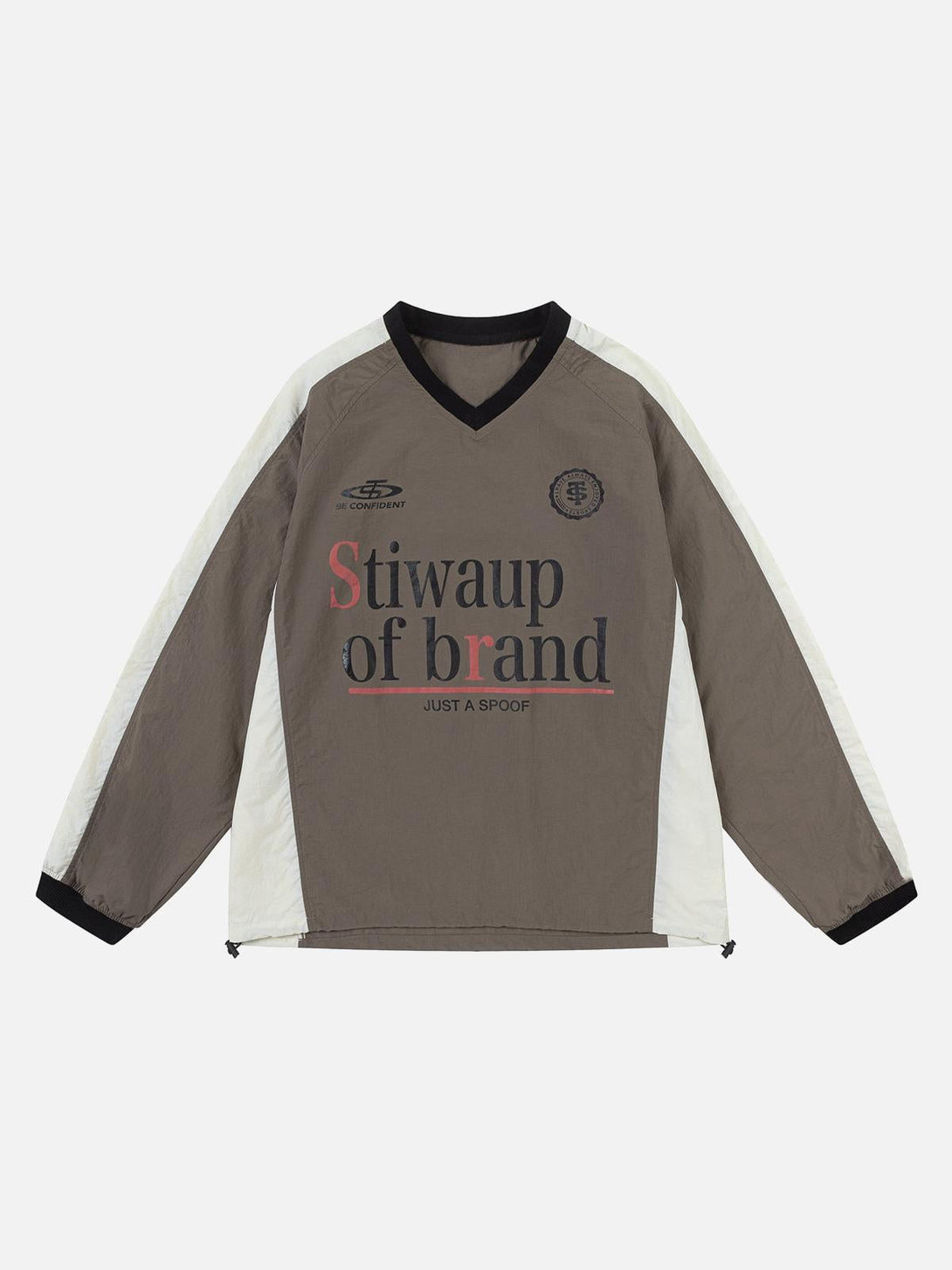 Front view of a brown retro patchwork long-sleeved T-shirt by TALISHKO, perfect for casual wear.