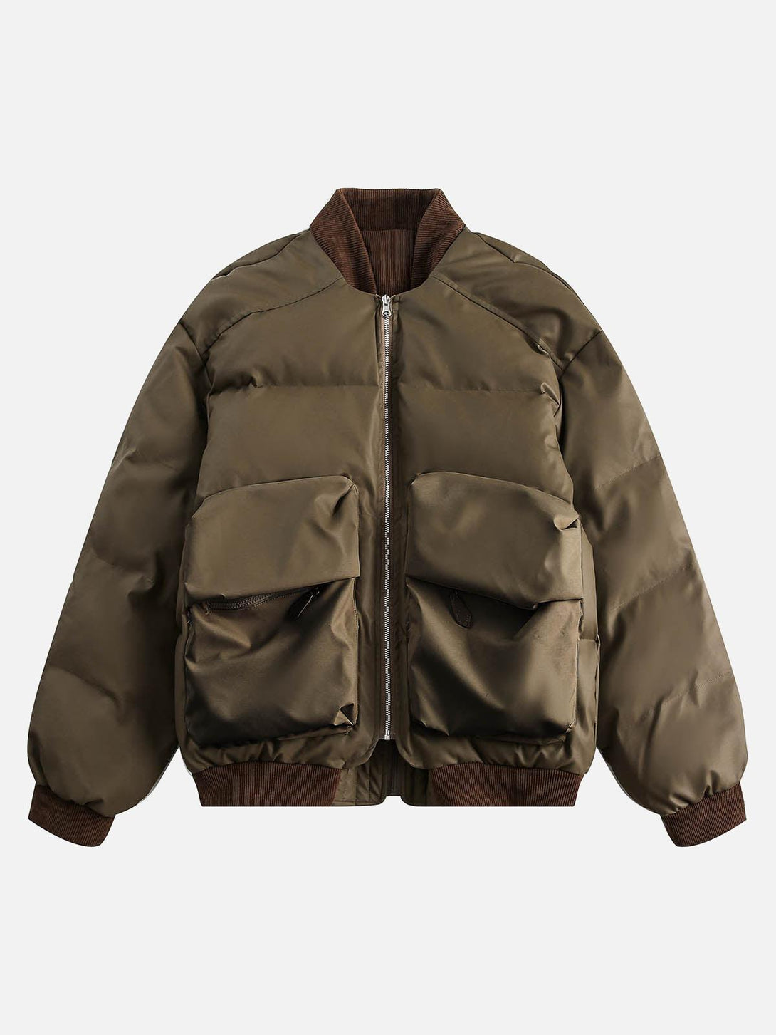 Front view of an olive green puffer bomber jacket by TALISHKO, featuring multiple pockets.