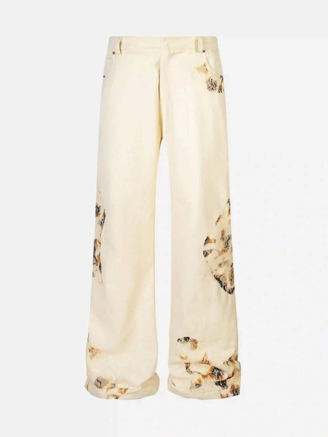 Front view of beige retro patchwork jeans by TALISHKO, featuring unique distressed details.