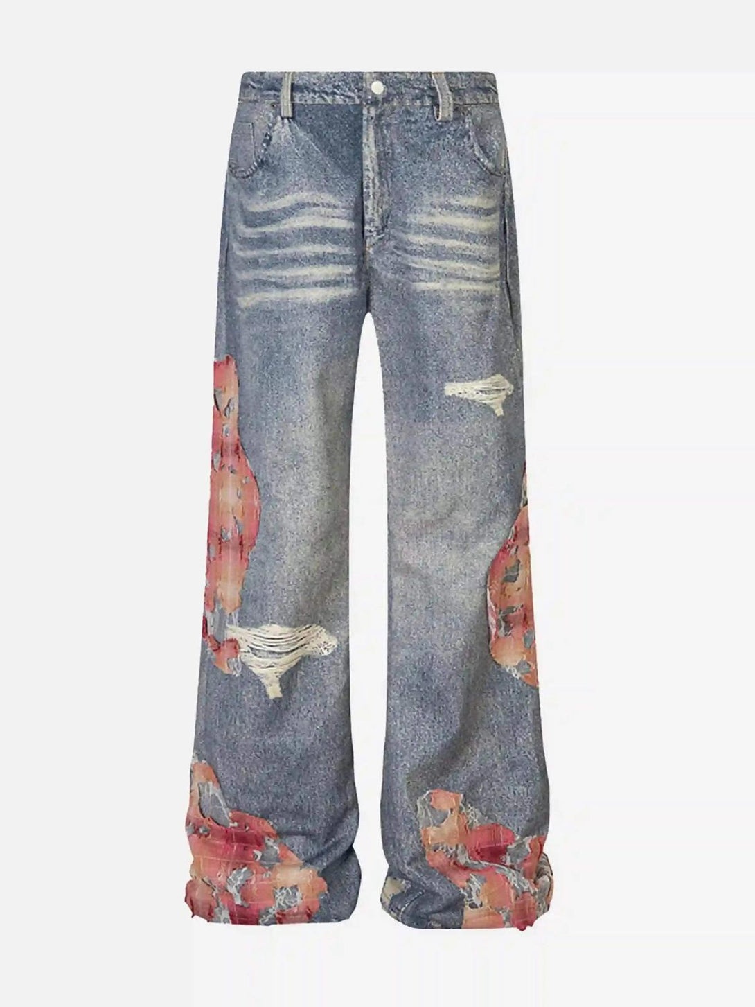 Front view of blue retro patchwork street jeans by TALISHKO, showcasing distressed details.