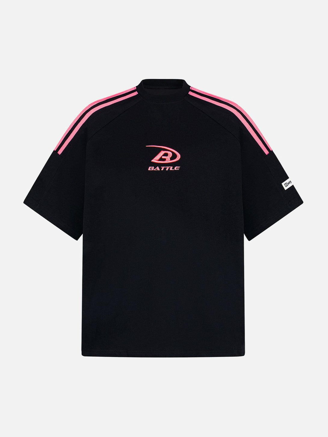 Front view of a black retro patchwork stripe short sleeve t-shirt by TALISHKO with pink accents.
