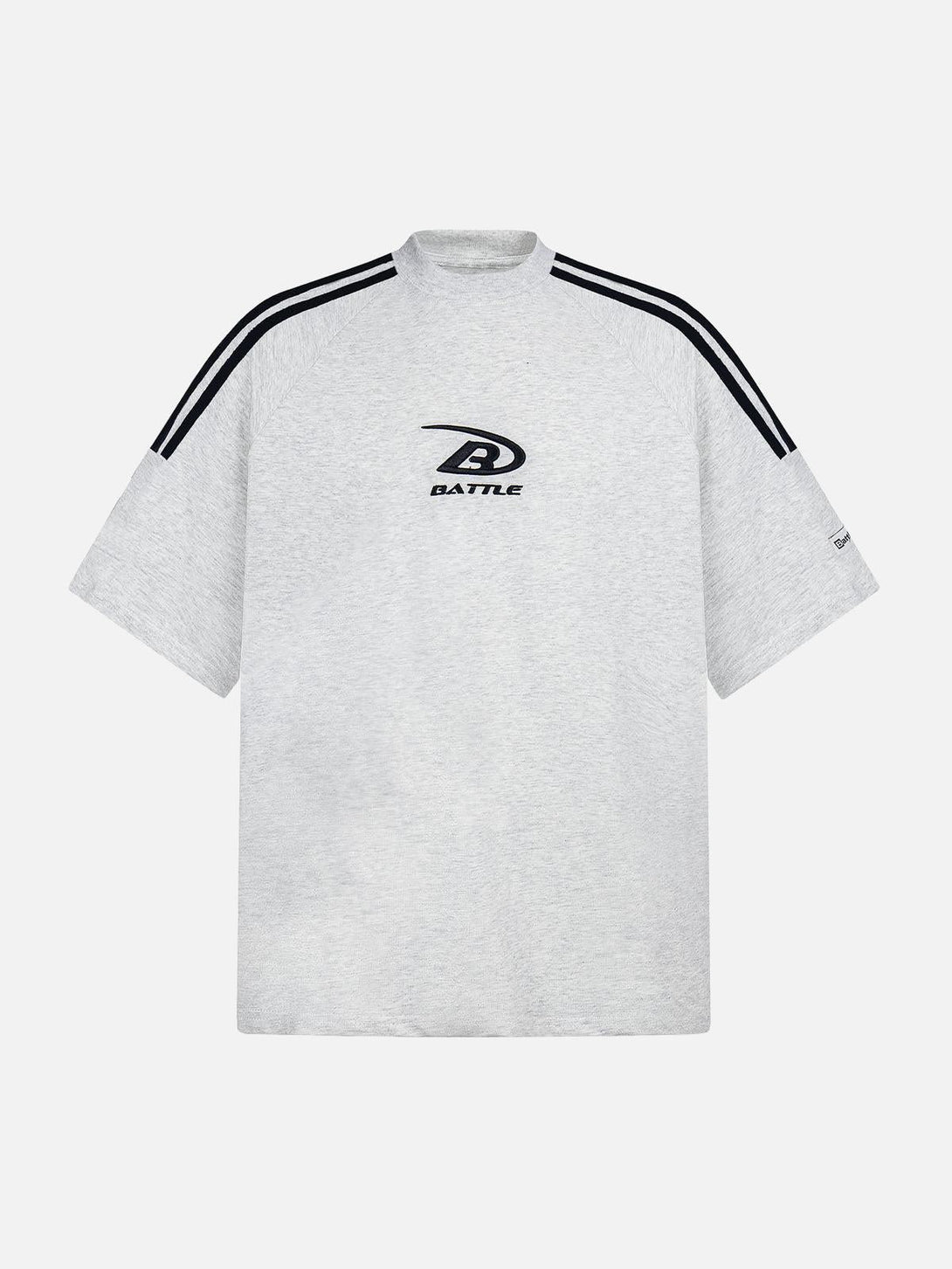 Front view of a gray retro stripe short sleeve t-shirt by TALISHKO, great for casual summer style.