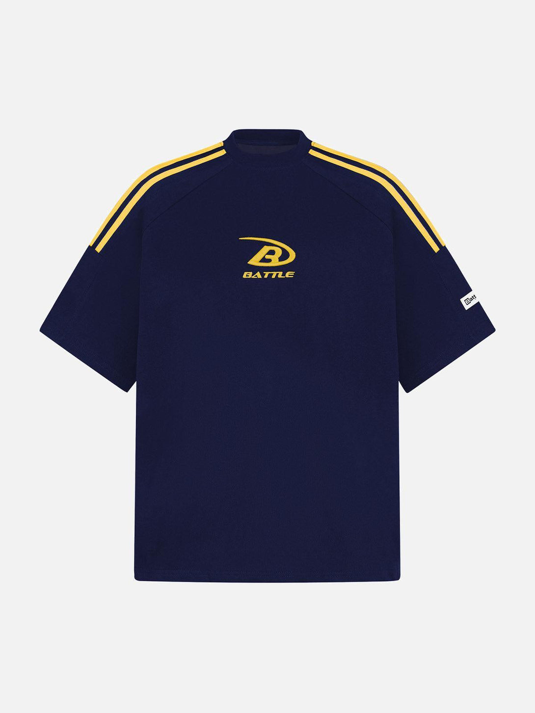 Front view of navy retro stripe short sleeve t-shirt by TALISHKO, ideal for casual wear.