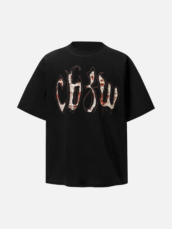 Front view of black TALISHKO T-shirt with retro plaid letter embroidery, ideal for casual style.