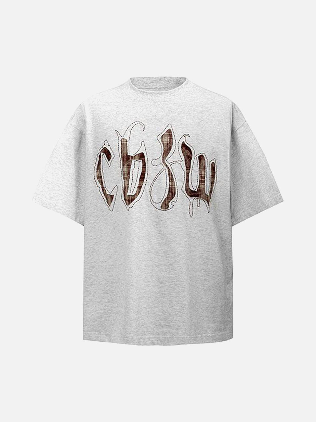 Front view of white TALISHKO T-shirt featuring retro plaid embroidery for a relaxed vibe.