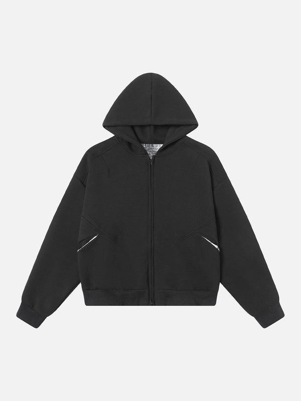 Front view of a black zip-up hooded sweatshirt by TALISHKO, perfect for urban style.