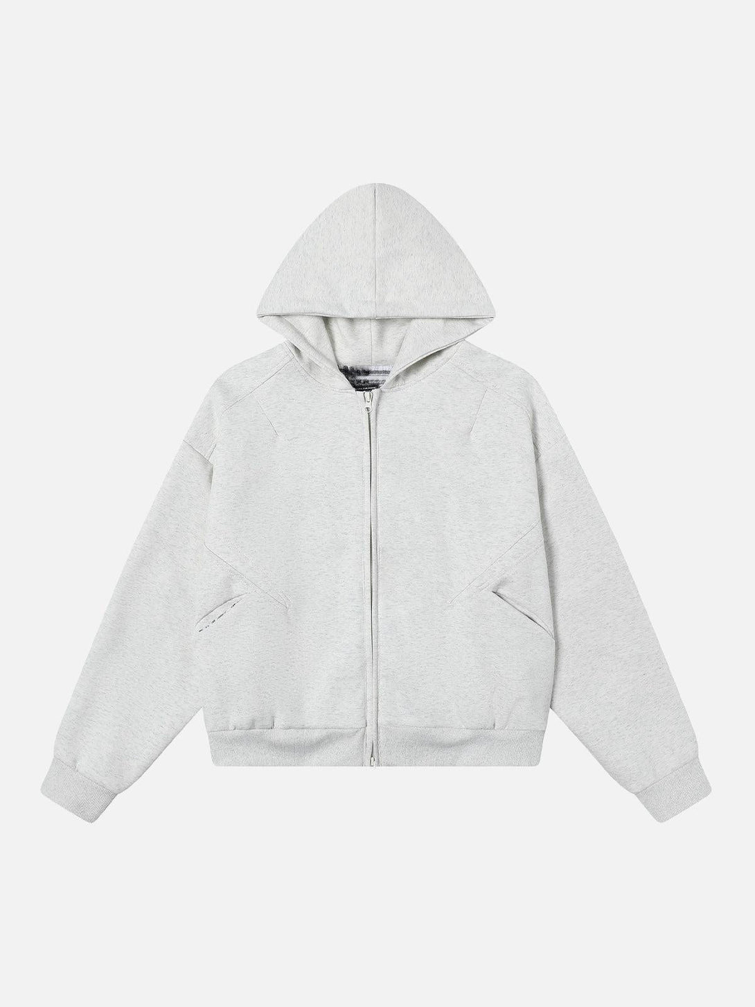 Front view of a gray zip-up hooded sweatshirt by TALISHKO, ideal for casual street style.