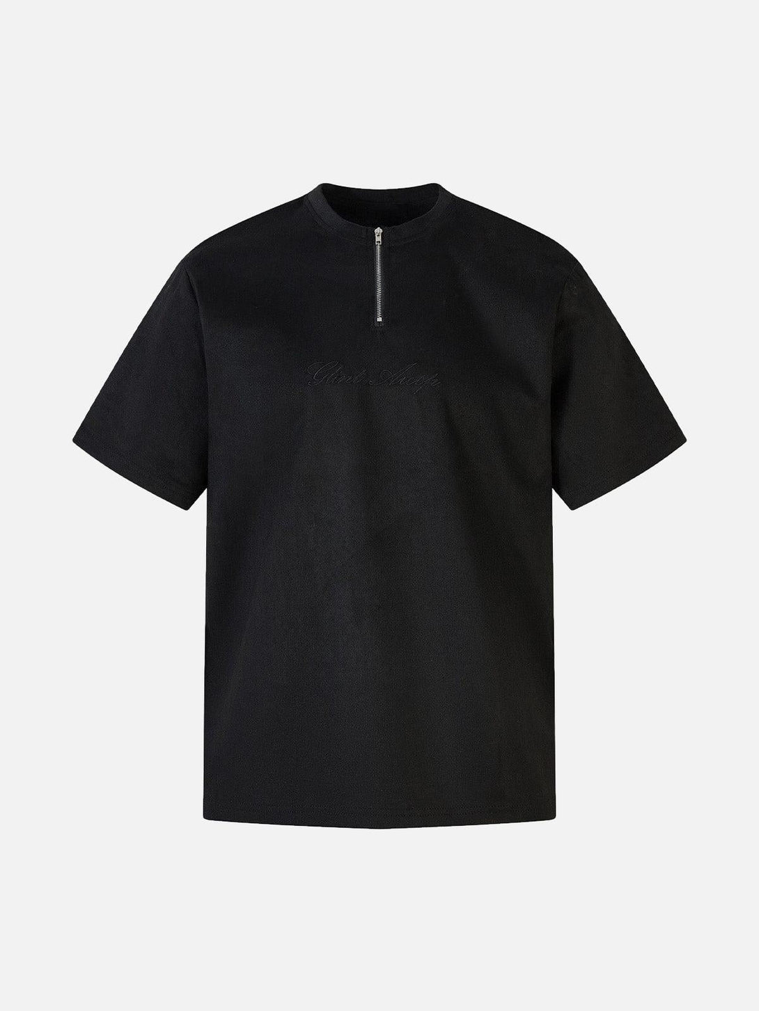 Front view of a black suede quarter zip T-shirt by TALISHKO, showcasing subtle embroidery.