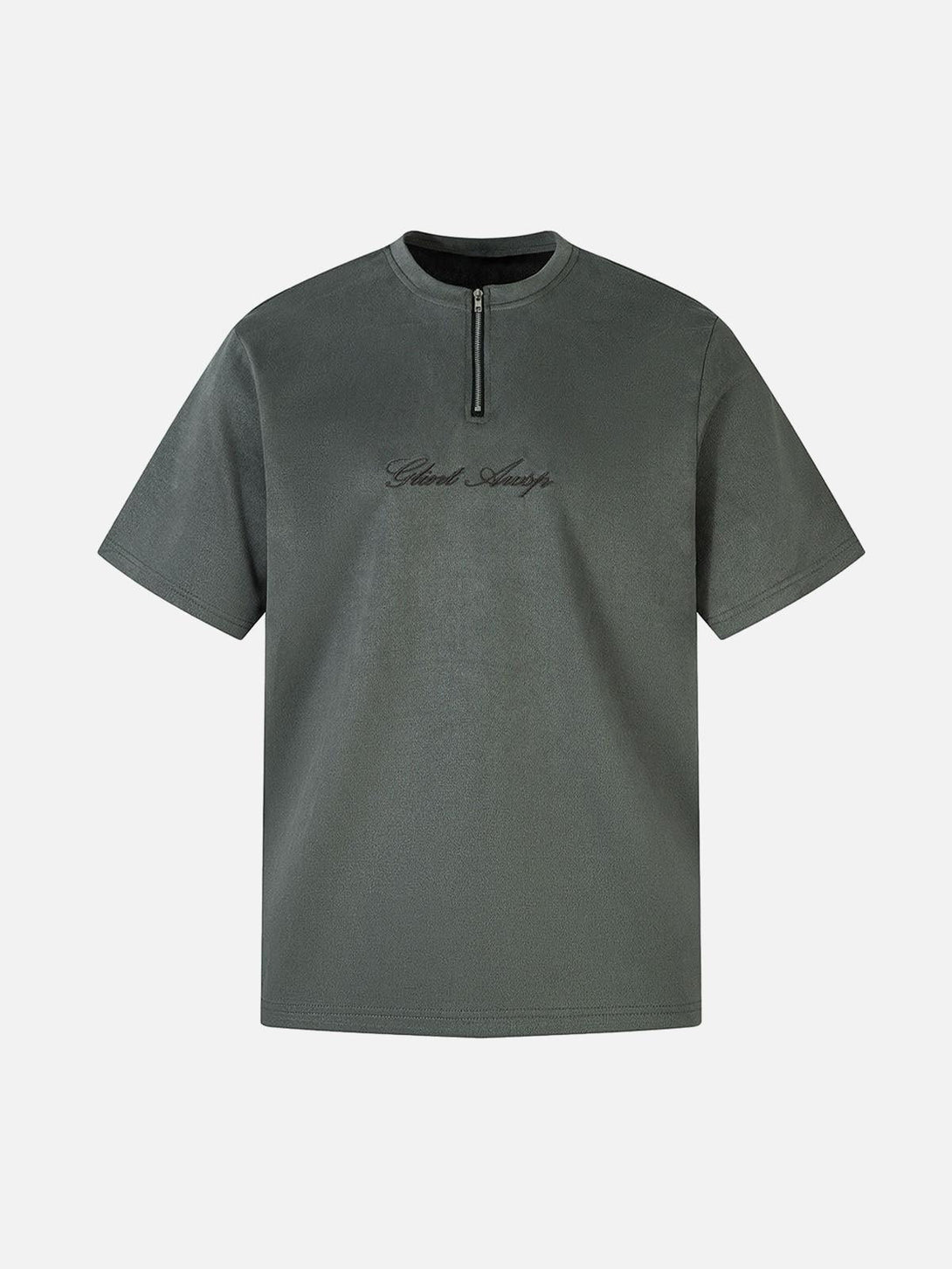 Front view of a dark gray suede quarter zip T-shirt by TALISHKO, featuring elegant embroidery.